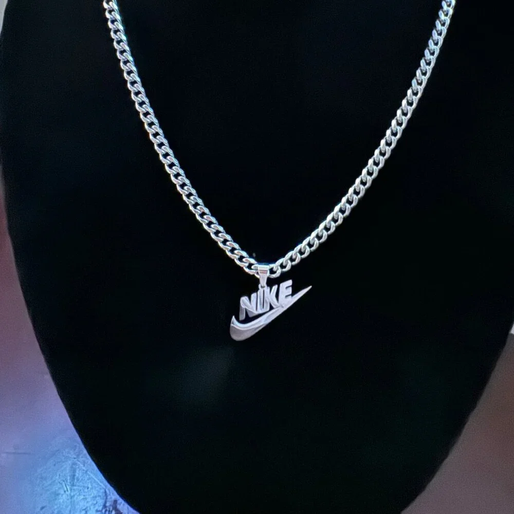 Nike + Swoosh Necklace - 5mm Cuban - 22" Silver Cuban Chain - Picture 1 of 3